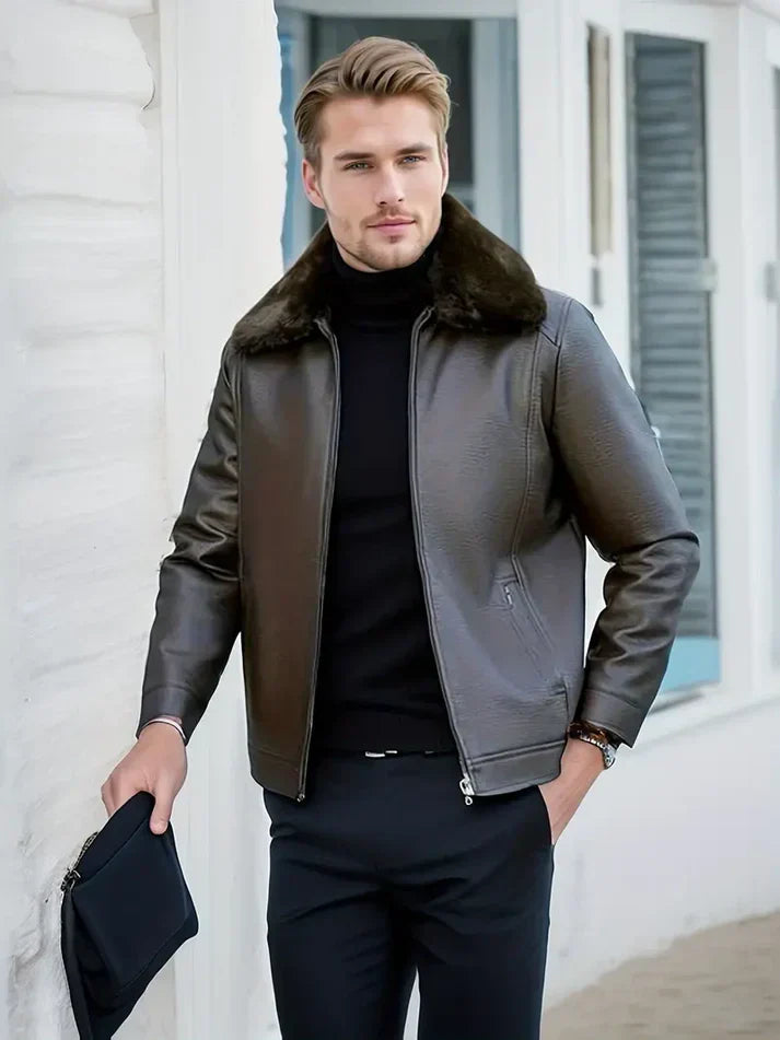 Men's Brown Leather Jacket - Stylish & Warm Fur Collar