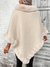 Women's Beige Poncho - Diamond Pattern with Fuzzy Trim Hem