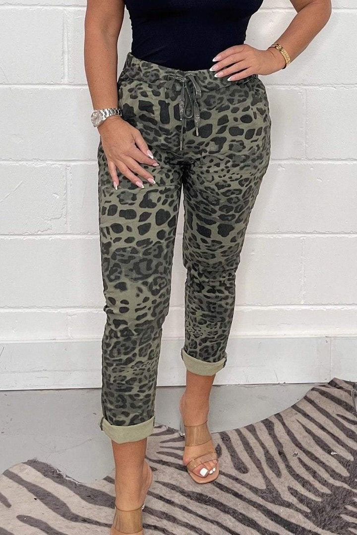 Women's Leopard Print Drawstring Trousers - Comfortable Cuffed Casual