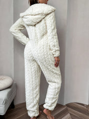 Women's White Onesie - Plush Quilted Hooded Jumpsuit with Zip