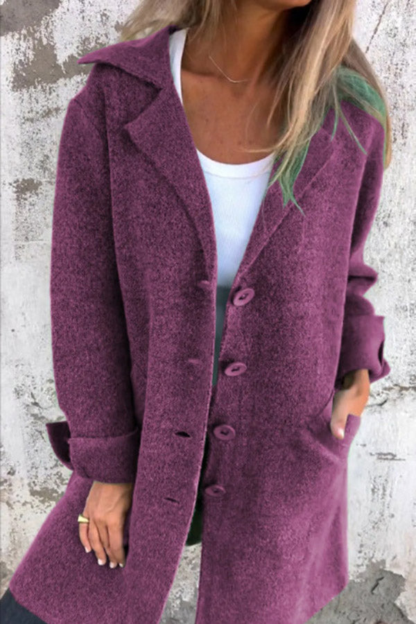 Crystalle - Solid Color Lapel Pocket Single Breasted Midi Coat for Women