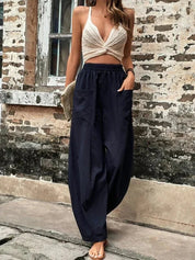 Women's Wide-Leg Trousers - Relaxed Fit Breathable Elastic Waist