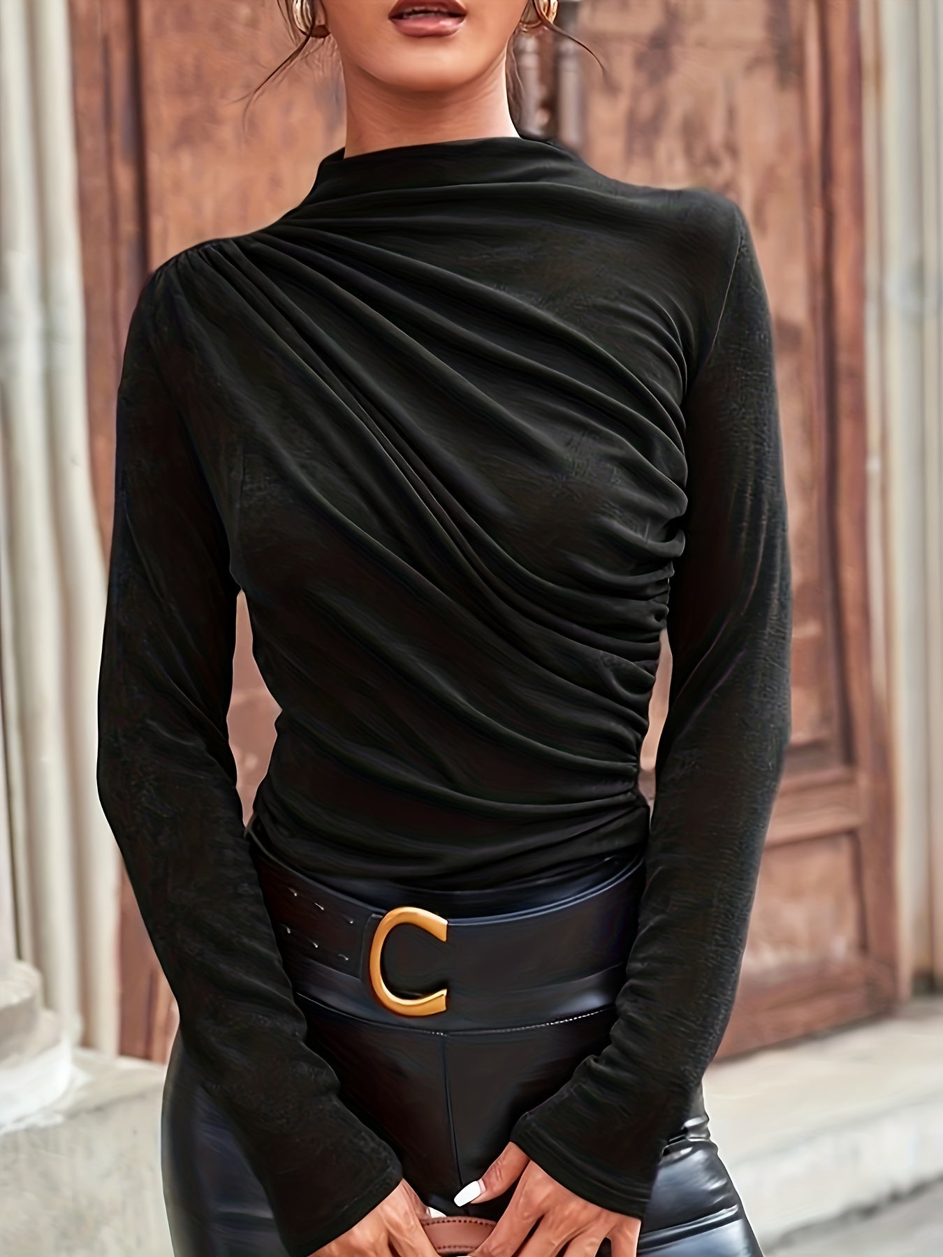 Ruched Mock Neck Long Sleeve Top for Women | Elijah