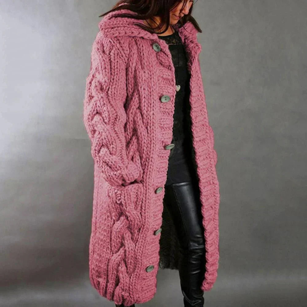 Women's Long Chunky Knitted Cardigan - Hooded Cable Knit Maxi Coat