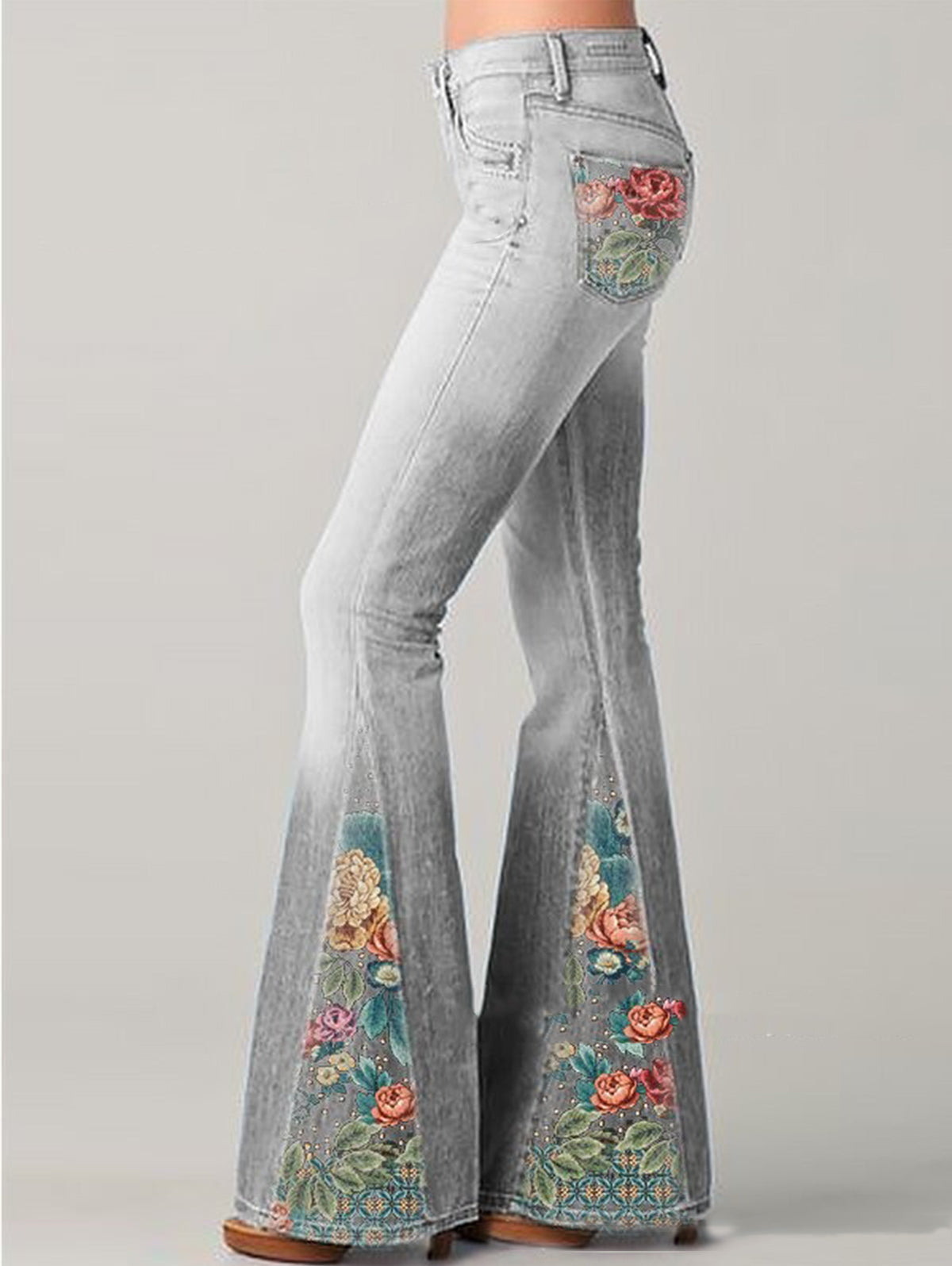 Women's Ombre Floral Flared Jeans - High-Waisted Fit