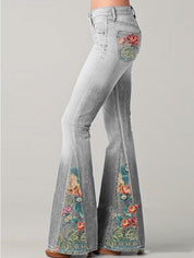 Women's Ombre Floral Flared Jeans - High-Waisted Fit