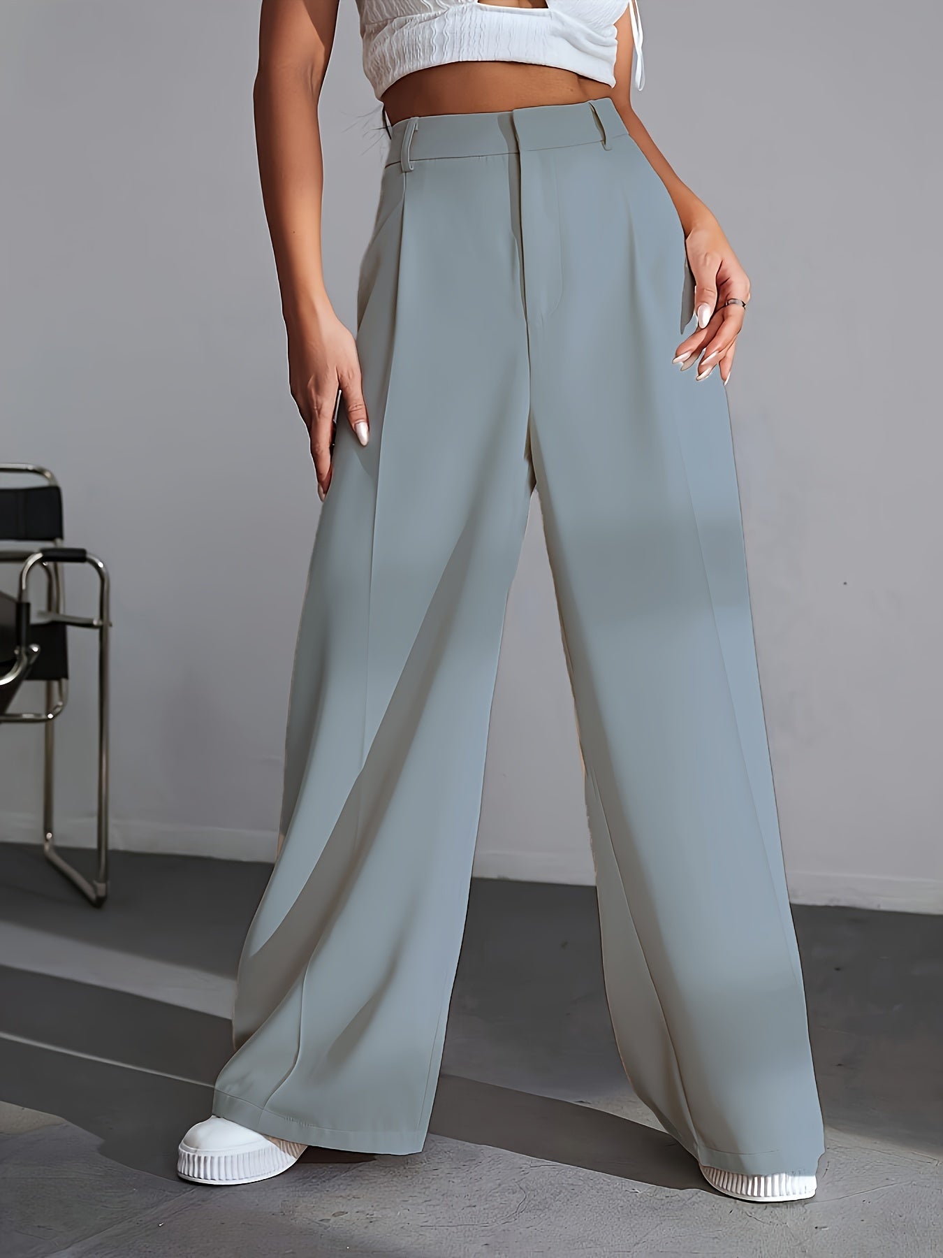 Women's High Waisted Wide Leg Trousers - Pleated Style