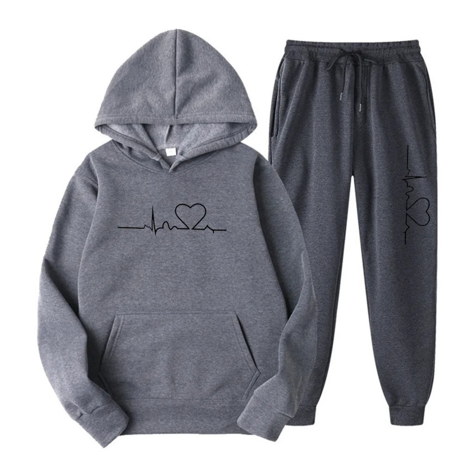 Women's Loungewear Set - Heart Print Hoodie & Drawstring Joggers