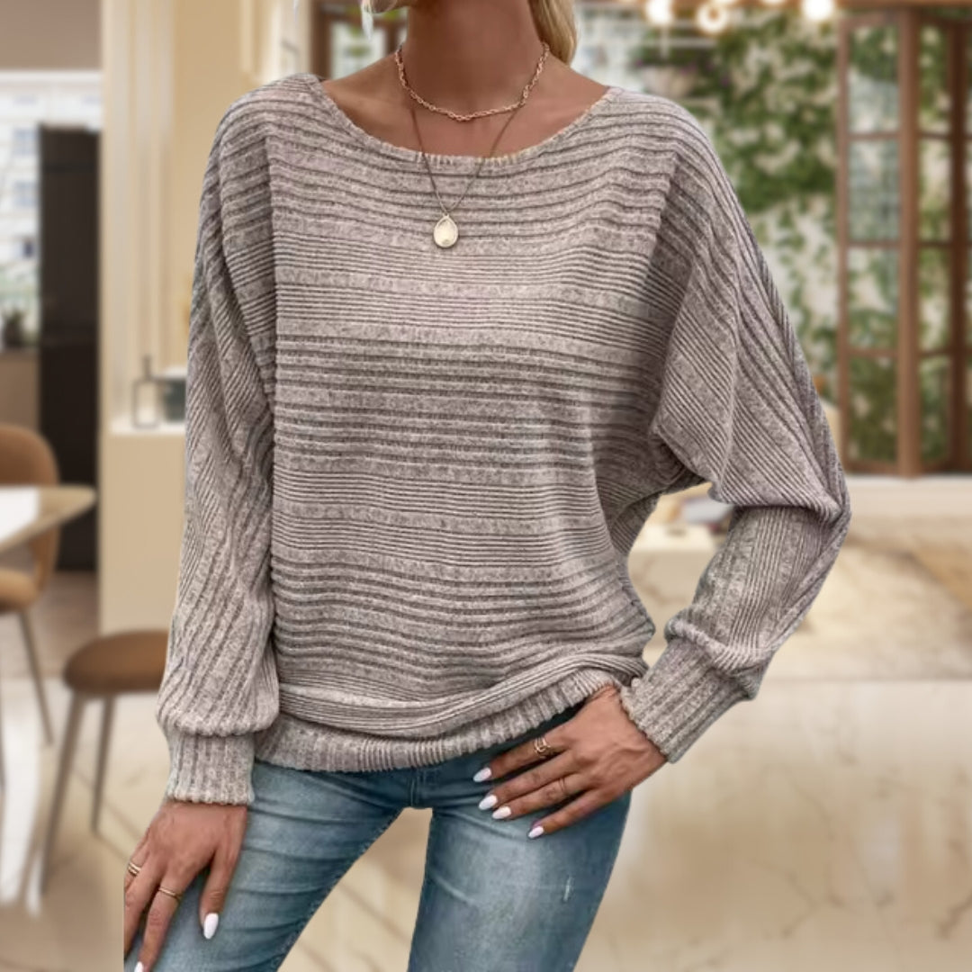 Women's Long Sleeve Top - Striped Knit & Balloon Sleeves