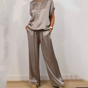 Soft Wide-Leg Trousers and Short Sleeve Top Set for Women
