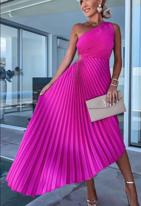 Elegant One-Shoulder Pleated Midi Dress for Women