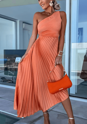 Elegant One-Shoulder Pleated Midi Dress for Women