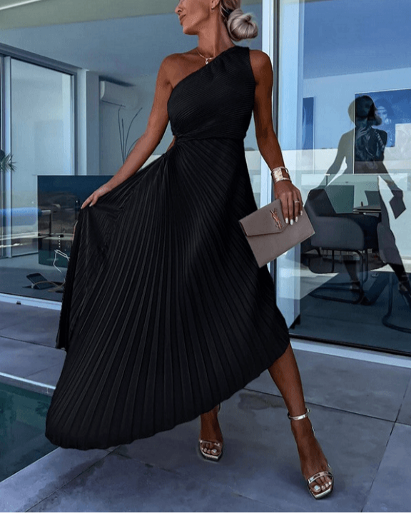 Elegant One-Shoulder Pleated Midi Dress for Women