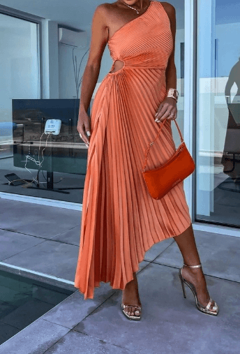 Elegant One-Shoulder Pleated Midi Dress for Women