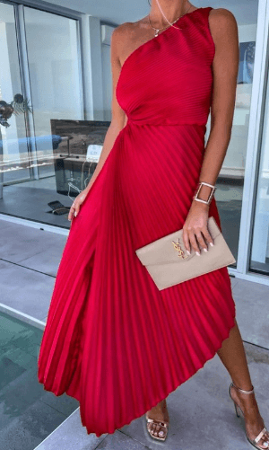 Elegant One-Shoulder Pleated Midi Dress for Women