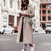 Women's Formal Longline Coat - Waist Belt and Notch Lapel Design