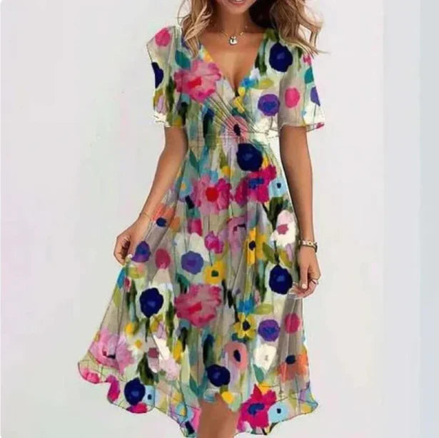 Women's V-Neck Midi Wrap Dress - Elegant Floral Formal Casual