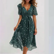 Women's V-Neck Midi Wrap Dress - Elegant Floral Formal Casual