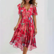 Women's V-Neck Midi Wrap Dress - Elegant Floral Formal Casual