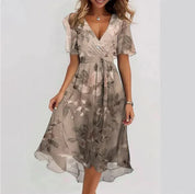 Women's V-Neck Midi Wrap Dress - Elegant Floral Formal Casual