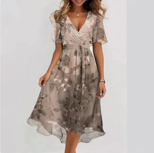 Women's V-Neck Midi Wrap Dress - Elegant Floral Formal Casual