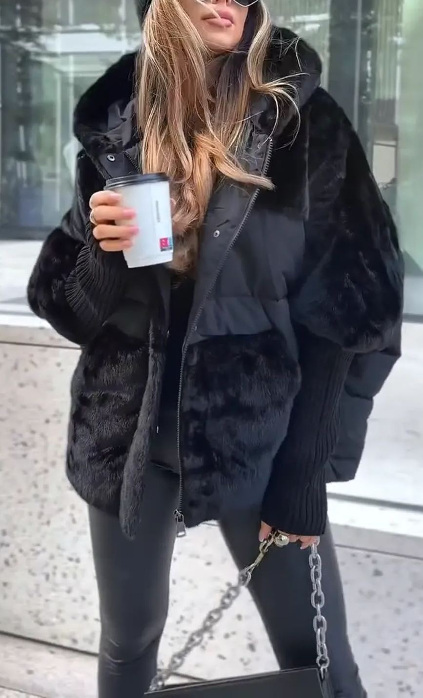 Women's Winter Jacket - Hooded Padded with Plush Panel Design