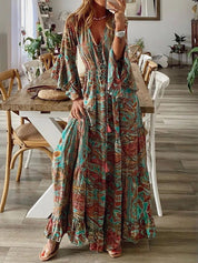 Bohemian Flowy Paisley Maxi Dress with Flared Sleeves for Women