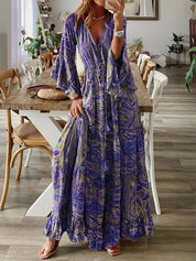 Bohemian Flowy Paisley Maxi Dress with Flared Sleeves for Women