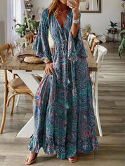 Bohemian Flowy Paisley Maxi Dress with Flared Sleeves for Women