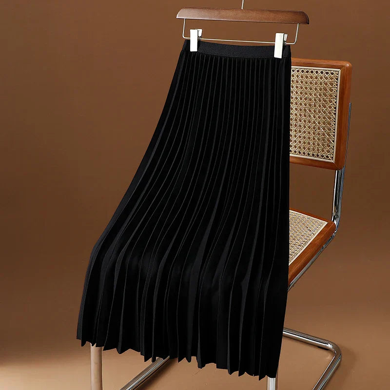 Women's Pleated Midi Skirt - Elastic Waist Detail
