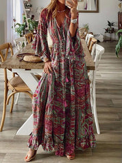 Bohemian Flowy Paisley Maxi Dress with Flared Sleeves for Women