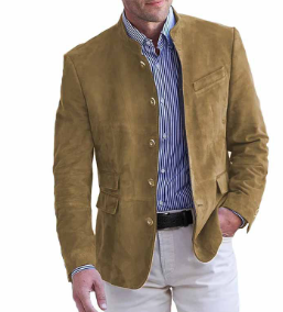Men's Suede Blazer - Mandarin Collar & Slim Fit