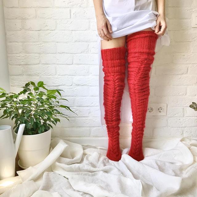 Women's Leg Warmers - Over-the-Knee with Braided Knit