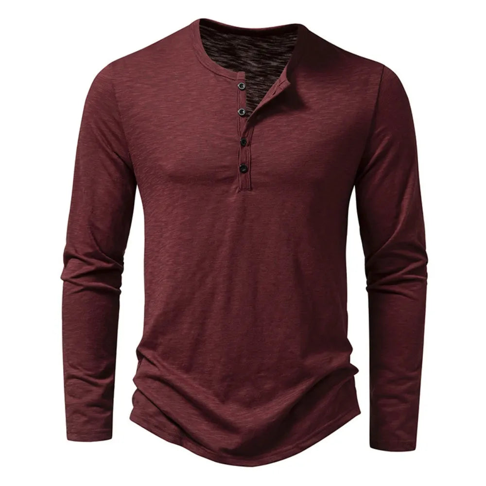 Men's Long-Sleeved Henley Shirt - Button Placket