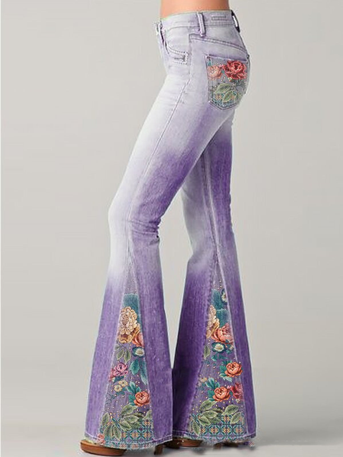 Women's Ombre Floral Flared Jeans - High-Waisted Fit