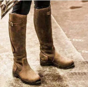 Women's Knee-High Boots - Buckle Strap and Rugged Sole