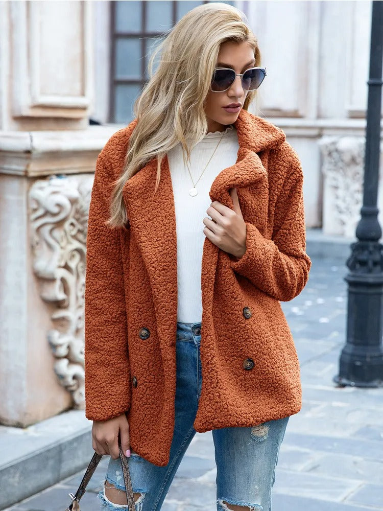 Women's Teddy Coat - Double-Breasted with Notch Lapel Collar