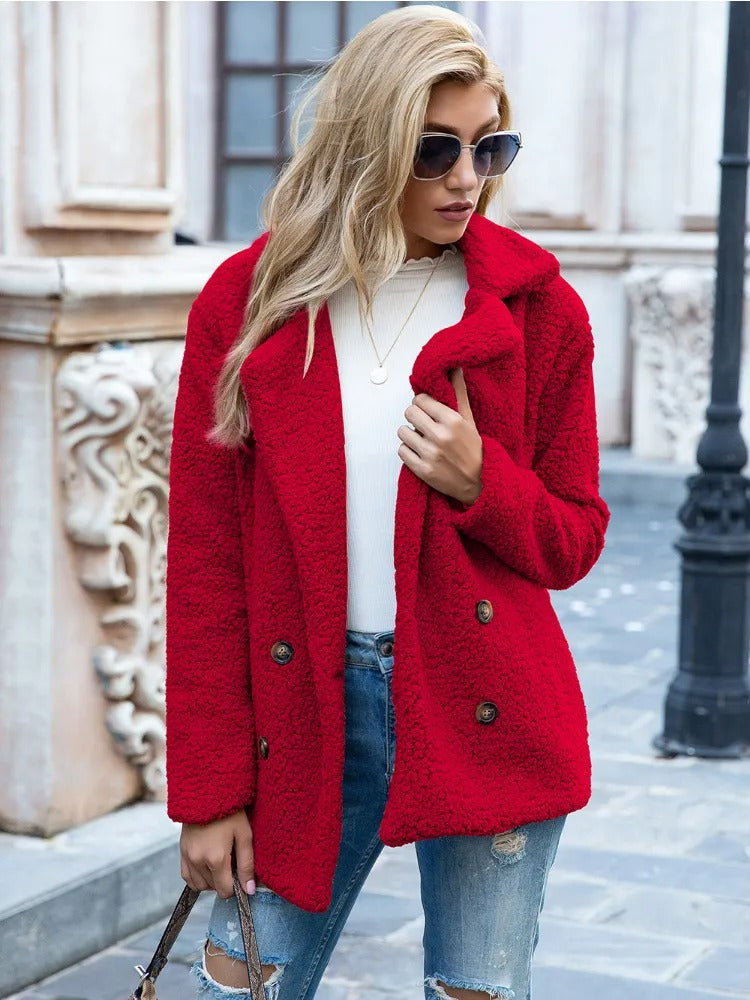 Women's Teddy Coat - Double-Breasted with Notch Lapel Collar
