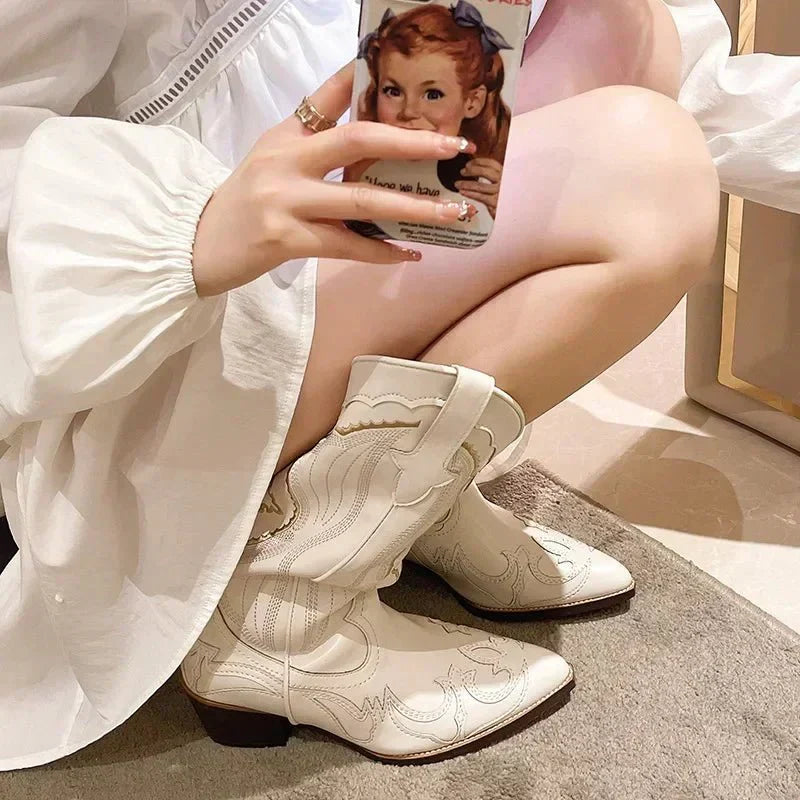 Women's Beige Calf-Length Western Cowboy Boots - Embroidered & Comfortable