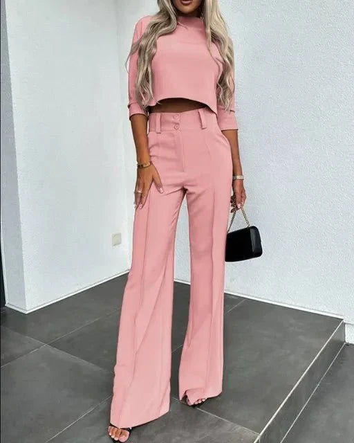 Stylish and Casual Cropped Top and Trousers Set for Women