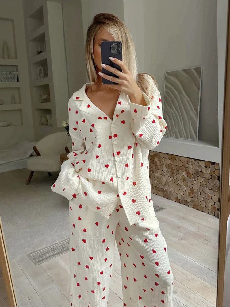 Women's White Pyjama Set - Red Heart Print