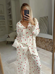 Women's White Pyjama Set - Red Heart Print