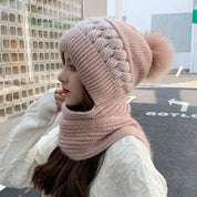Women's Pom-Pom Beanie - Knitted Balaclava Scarf with Hood