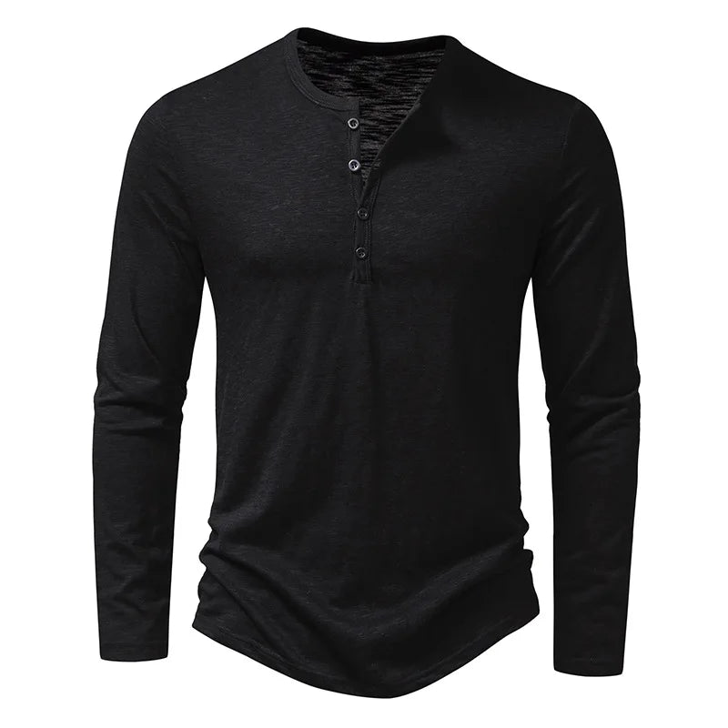 Men's Long-Sleeved Henley Shirt - Button Placket