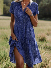 Women's Short-Sleeved Midi Shirt Dress - Versatile Button-Down