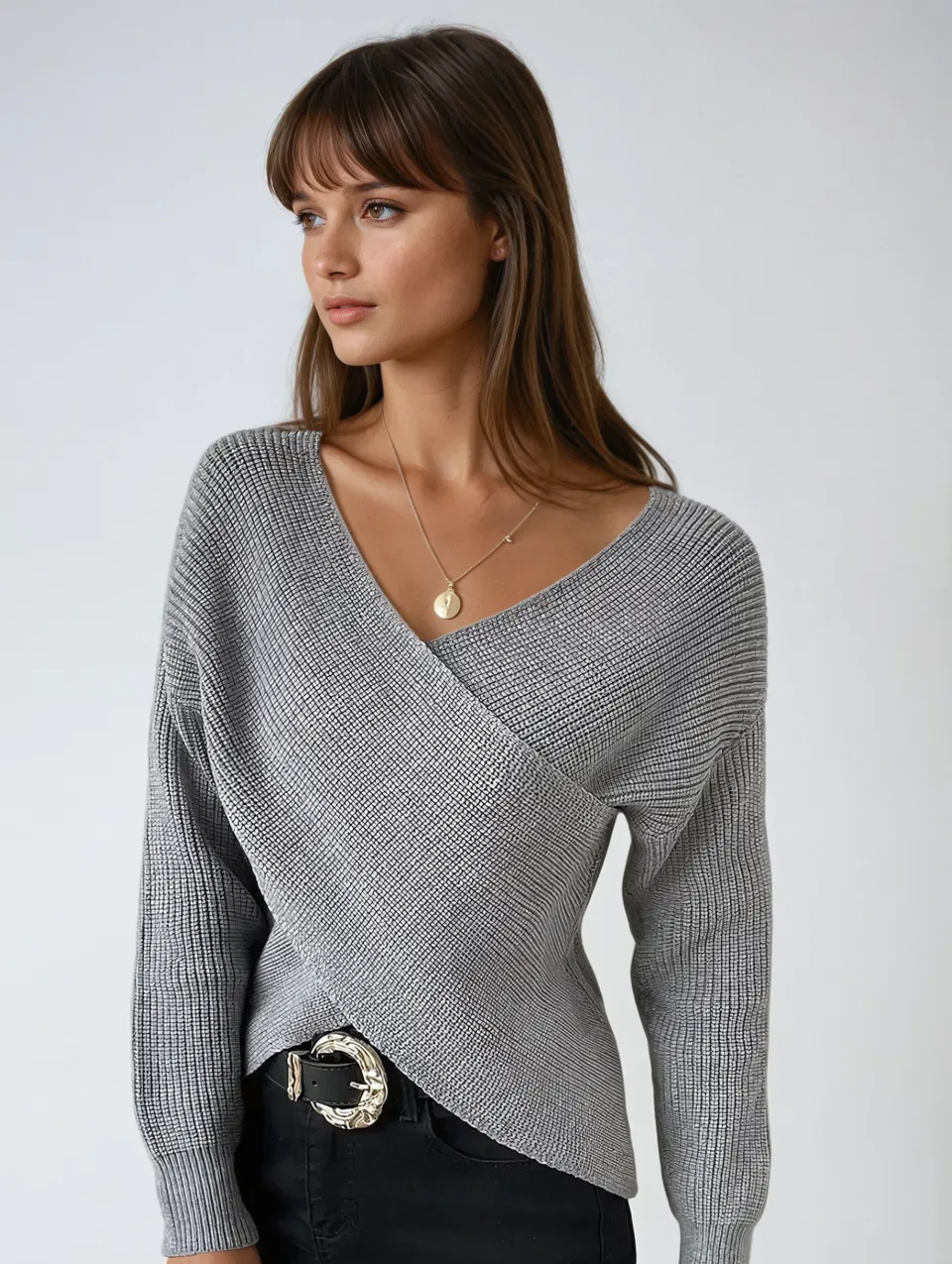 Women's Grey Jumper - Wrap-Front with V-Neck