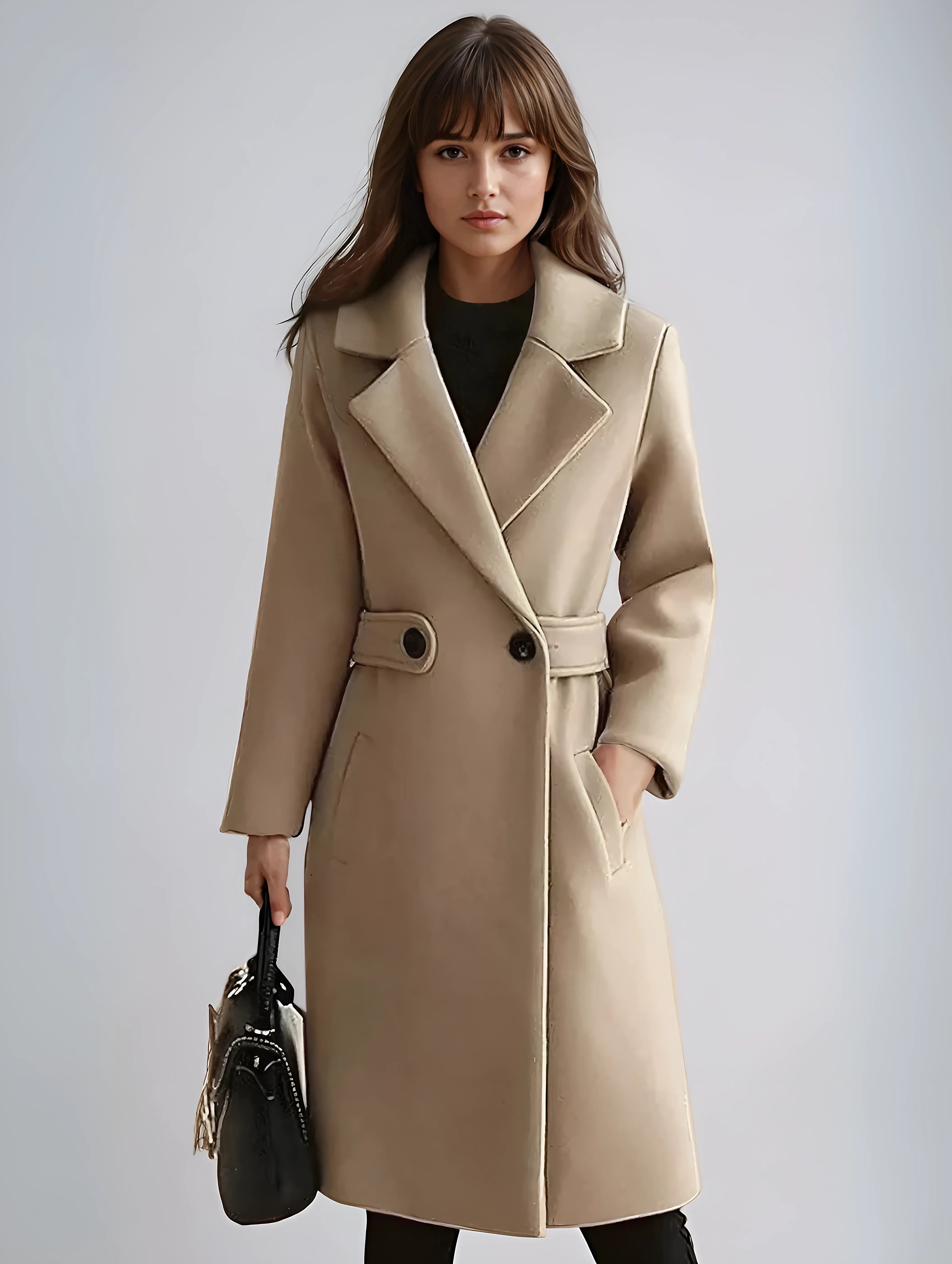 Women's Coat - One-Button Closure with Belted Waist