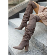 Women's Knee-High Boots - Slouch Shaft with High Block Heel and Back Top Slit
