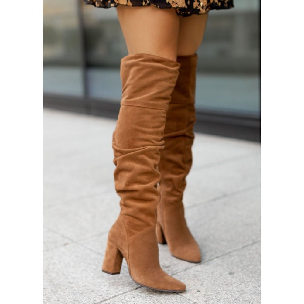 Women's Knee-High Boots - Slouch Shaft with High Block Heel and Back Top Slit