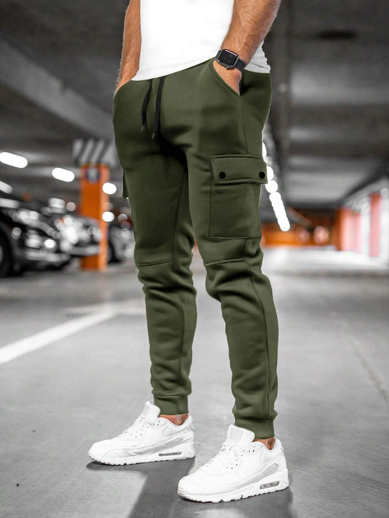 Men's Cargo Trousers - Drawstring Waist and Cuffed Ankles